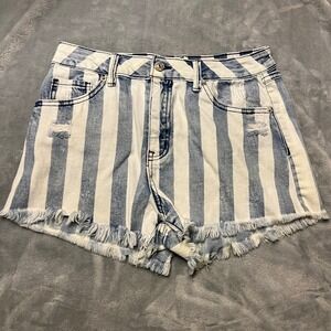 Rewash Striped Denim Shorts Frayed Hem Distressed Blue White 7 Festival y2k